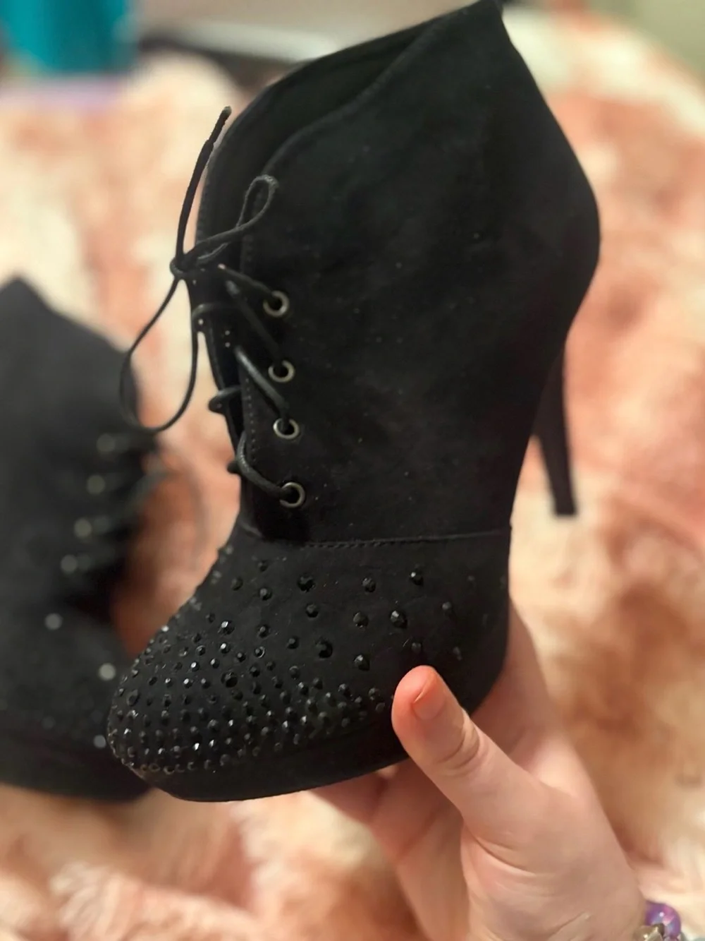 Black Lace-Up Ankle Booties with Studded Toe